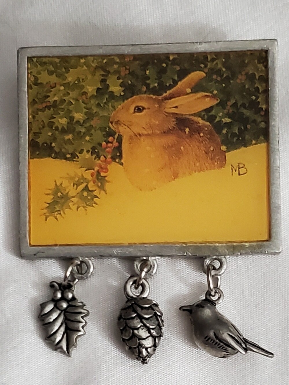Vintage Bunny Rabbit Christmas Brooch Charms Bird Pinecone Winter Holiday Holly